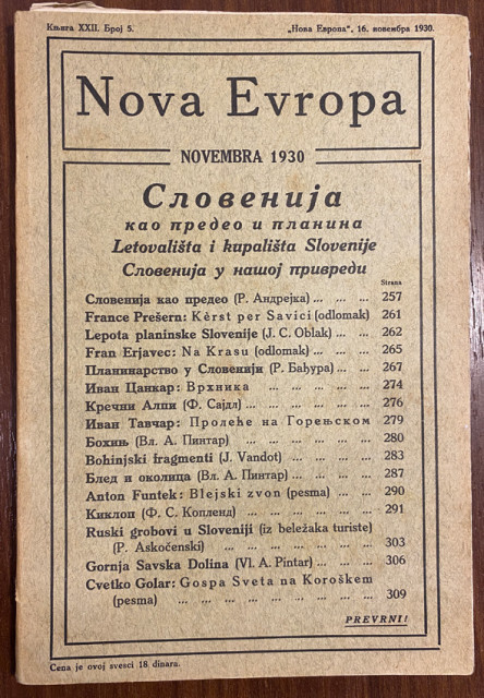 Slovenija kao predeo i planina. Prešern, Cankar: Nova Evropa br. 5, 1930
