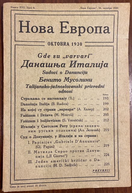 Benito Musolini, Sudovi o Danunciju, Današnja Italija : Nova Evropa br. 4, 1930