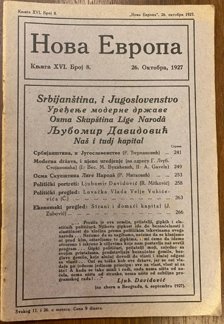 Srbijanština i Jugoslovenstvo : Nova Evropa br. 8, 1927