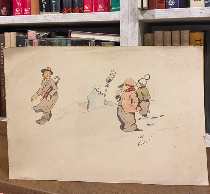 Zimski prizor, olovka/akvarel - Ivan Vanja Jovanović (1931)