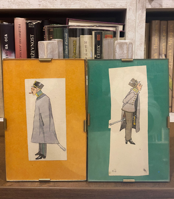 Austrougarski oficiri, dve karikature, tuš/akvarel - Ivan Vanja Jovanović (1910)