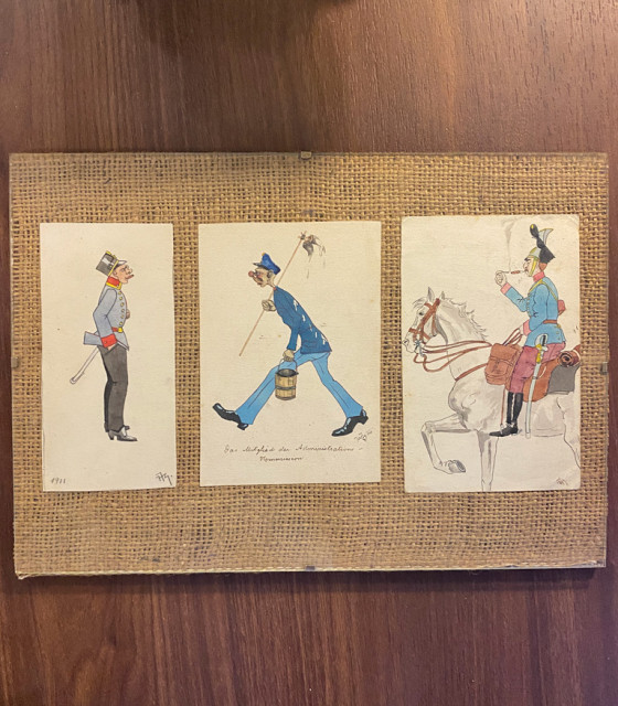 Triptih: Austrougarski oficiri i službenik, tri karikature, tuš/akvarel - Ivan Vanja Jovanović (1910-11)