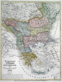 Balkan, evropska Turska, Srbija, Grčka, Bosna... - Uramljena geogr. karta iz 1856