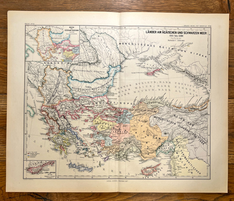 Srpsko Dušanovo carstvo, Srpsko (Tribalsko) carstvo, Kraljevina Raška / Zemlje uz Egejsko i Crno more u XIV veku - kartograf Theodor Menke (1877)