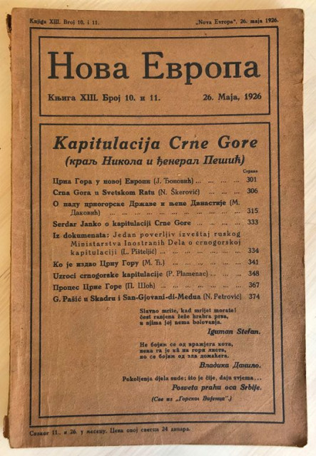 Kapitulacija Crne Gore, Ko je izdao Crnu Goru : Nova Evropa br. 10/11, 1926