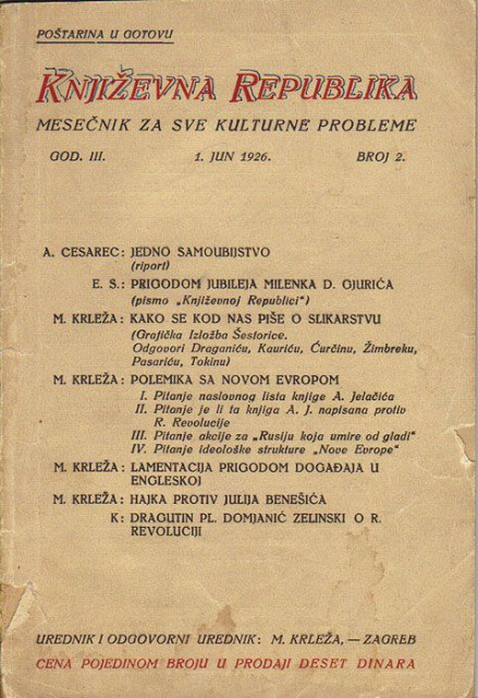 Književna Republika, god. III, Br. 2 - 1926. Urednik Miroslav Krleža
