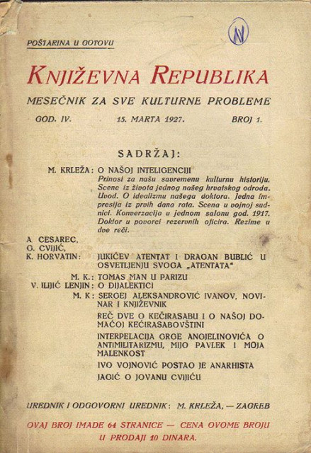 Književna Republika, god. IV, Br. 1 - 1927. Urednik Miroslav Krleža