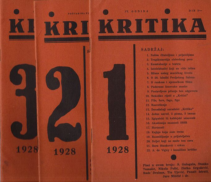 KRITIKA : književno umjetnička revija, br. 1-3 1928 + pismo uredništva. Pišu: Tin Ujević, R. Drainac, G. Krklec, Jovan Popović i drugi