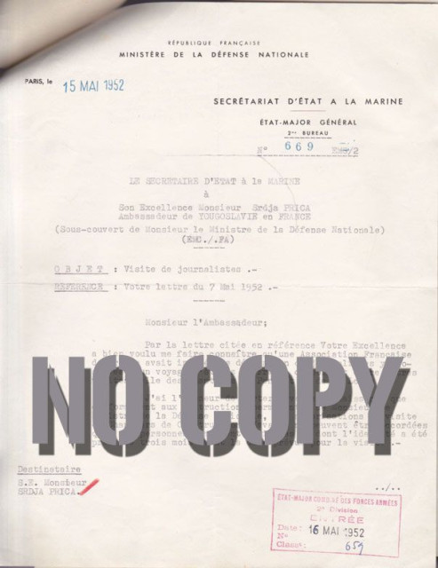 Diplomatska prepiska : Ministère de la Défense nationale - Ambasadoru Srđi Prici (15. maj 1952)