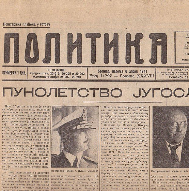 POLITIKA, nedelja 6. april 1941