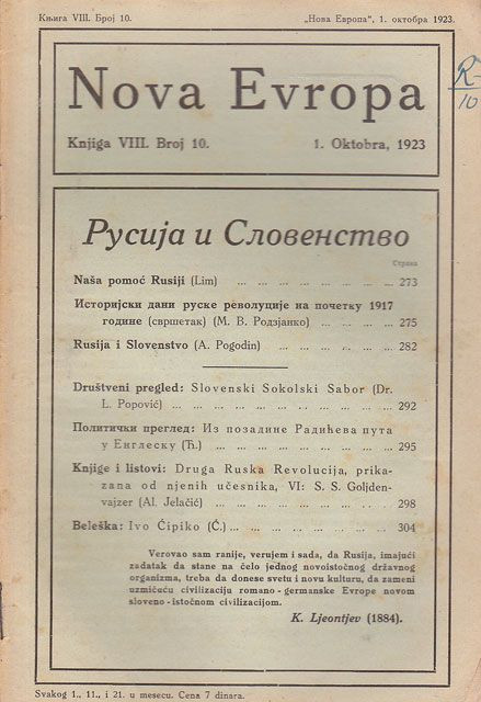 Rusija i Slovenstvo : Nova Evropa br. 10, 1923