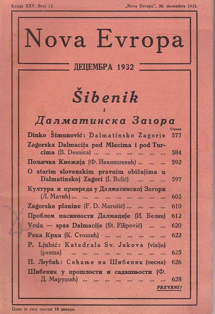 Šibenik i Dalmatinska Zagora : Nova Evropa br. 12, 1932