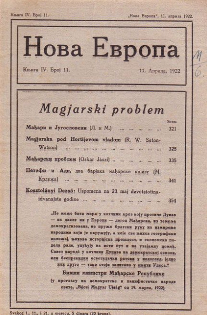 Magjarski problem, Mađari i Jugosloveni, Hortijeva vlada : Nova Evropa br. 11, 1922