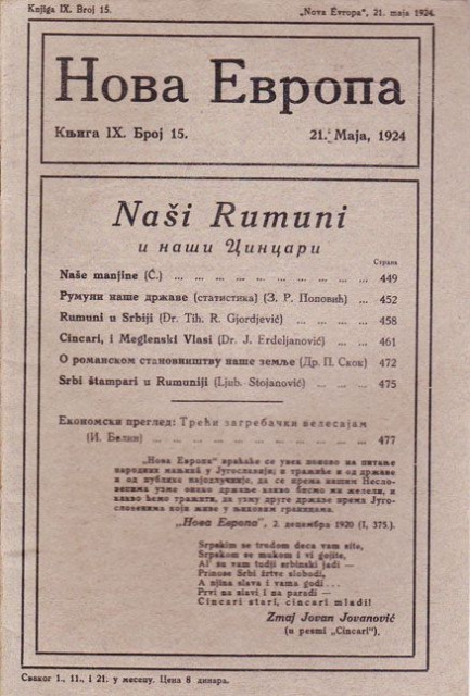 Naši Rumuni i naši Cincari, Maglenski Vlasi, manjine : Nova Evropa br. 15, 1924