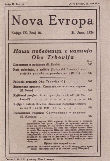 Naši pobednici s naličja (Solunski proces i austrijska ponuda za poseban mir) : Nova Evropa br. 18, 1924