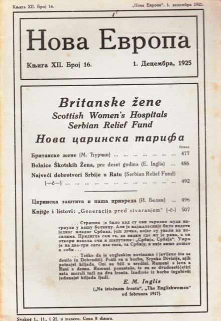 Britanske žene, Najveći dobrotvori Srbije u Ratu : Nova Evropa br. 16, 1925