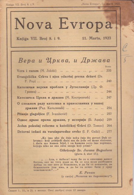 Vera, Crkva i Država, Vera i razum, Pitanje glagoljice : Nova Evropa dvobroj 8/9, 1923