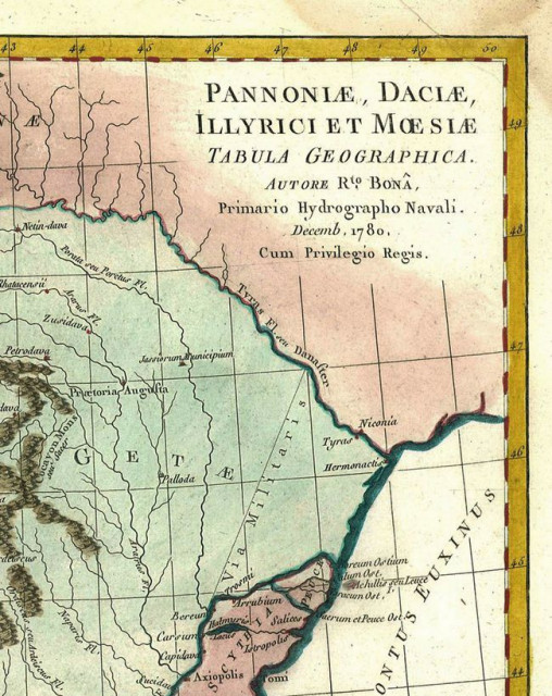 (Uramljena) Mapa antičkog Balkana: Pannoniae, Daciae, Illyrici et Moesiae tabula geographica - autore R.to Bonâ (1782)