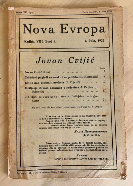 Jovan Cvijić : Nova Evropa br. 1, 1923