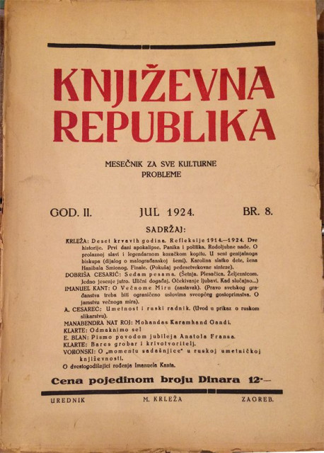 Književna Republika, god. II, Br. 8 - 1924. Urednik Miroslav Krleža