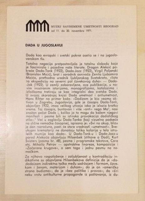 Dada u Jugoslaviji - Muzej savremene umetnosti 1971