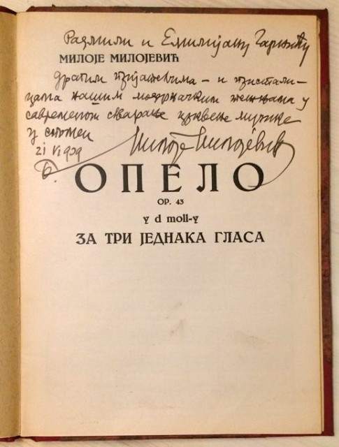 Opelo op. 43 u d moll-u za tri jednaka glasa - komponovao Miloje Milojević (sa posvetom)
