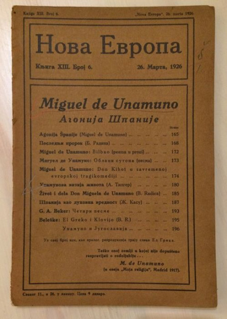 Miguel de Unamuno: Agonija Španije, Don Kihot, Bilbao... : Nova Evropa br. 6, 1926