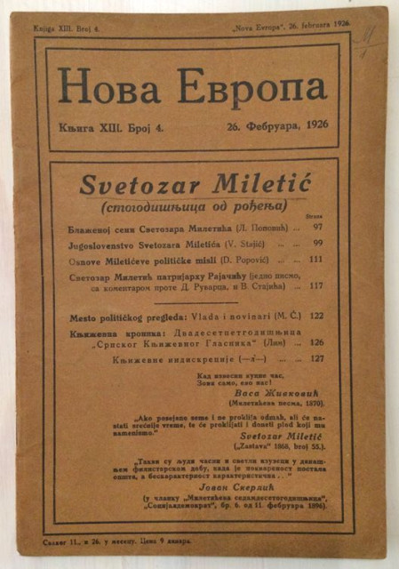 Svetozar Miletić, stogodišnjica od rođenja : Nova Evropa br. 4, 1926
