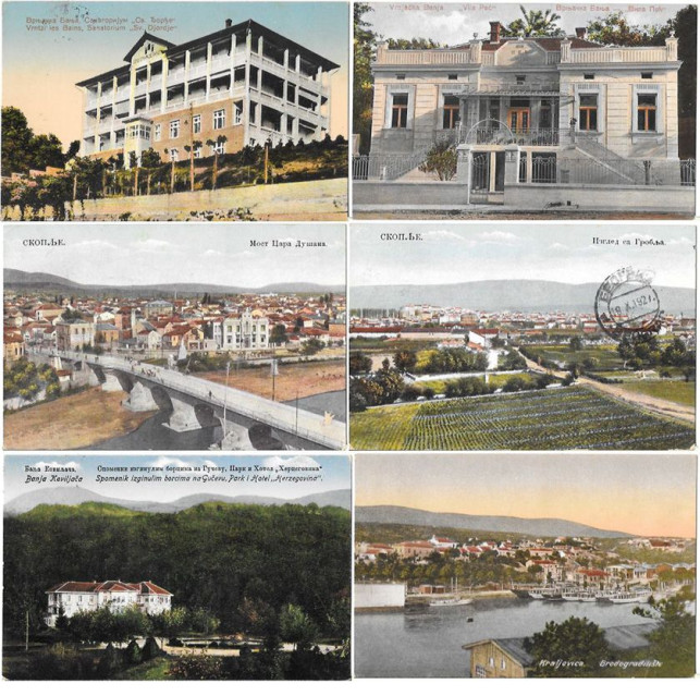 Lot od 9 starih razglednica u boji 1926-1930 : V. Banja, Valjevo, Skoplje, Crikvenica ...
