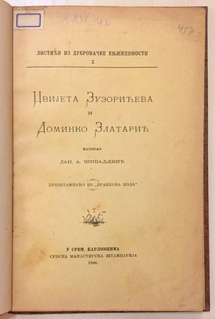 Cvijeta Zuzorićeva i Dominko Zlatarić - napisao Dan. A. Živaljević (1900)