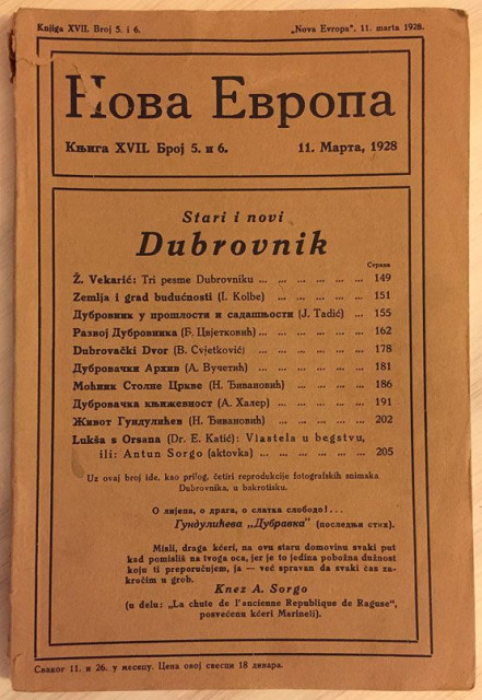 Stari i novi Dubrovnik, razvoj Dubrovnika... : Nova Evropa br. 5/6, 1928