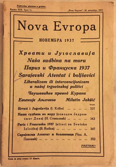 Hrvati i Jugoslavija, Sarajevski atentat i boljševici... : Nova Evropa br. 11, 1937