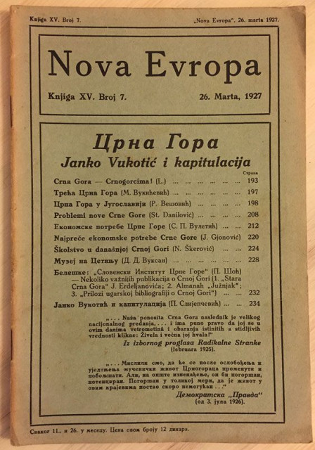 Crna Gora, Janko Vukotić i kapitulacija, Treća Crna Gora... : Nova Evropa br. 7, 1927