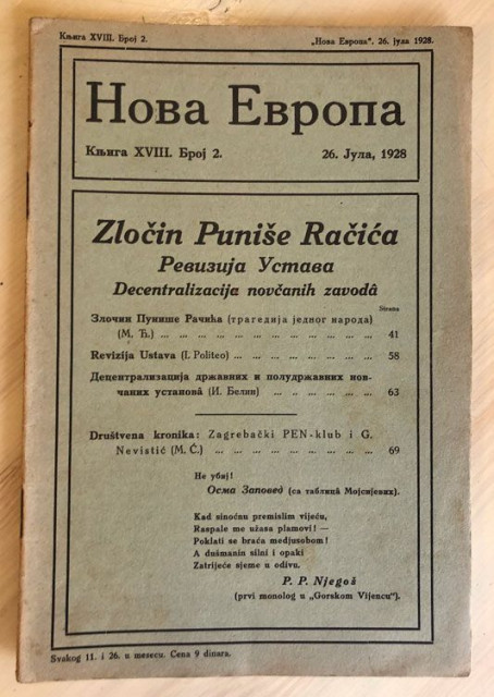 Zločin Puniše Račića : Nova Evropa br. 2, 1928