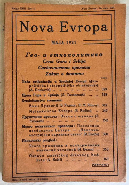 Crna Gora i Srbija, Geo- i etnopolitika : Nova Evropa br. 8, 1929